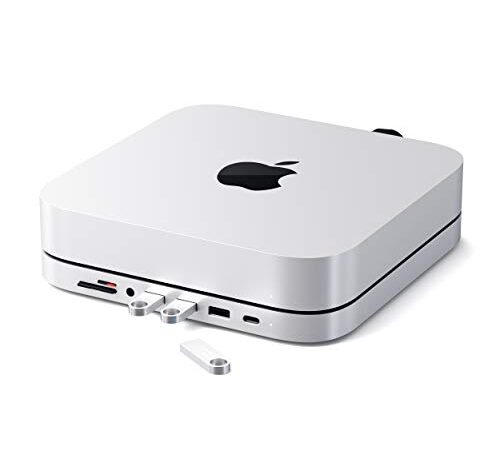 Satechi Soporte y Hub Tipo-C de Aluminio - Puerto de Datos USB-C, Lectores de Tarjetas Micro/SD, USB 3.0 y Jack para Auriculares - para M2/ M1 Mac Mini, Mac Studio, 2020 & 2018 Mac Mini (Plata)