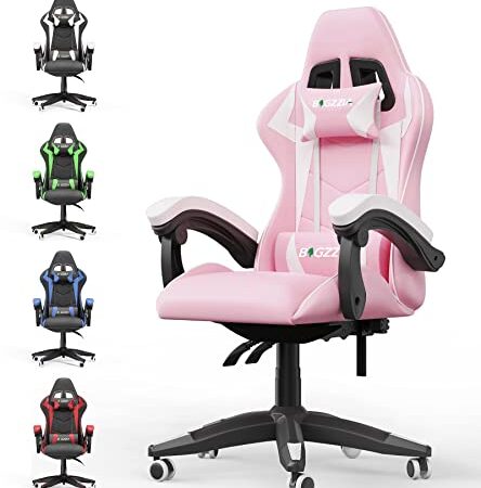 bigzzia Silla de Ordenador, Gaming, para Oficina, Silla de Juegos giratoria Resistente, diseño ergonómico con cojín y Respaldo reclinable (Rosa y Blanco)