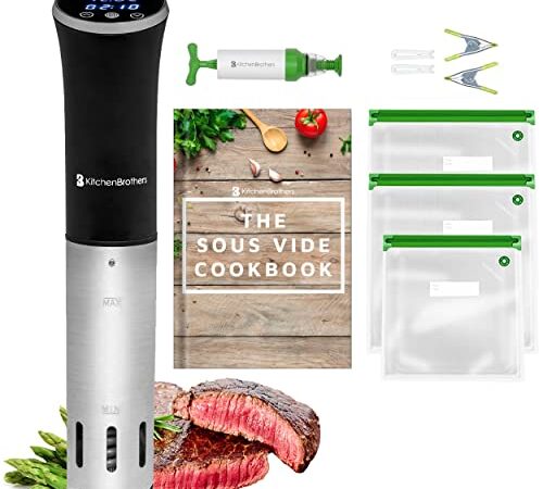 KitchenBrothers Sous Vide - Roner Cocina Baja Temperatura - Electrodomesticos y Accesorios de Cocina - Completo con Libro - 0 a 95℃, Ajustable en 0,2℃ - Función de Temporizador - Alarma - 1200W