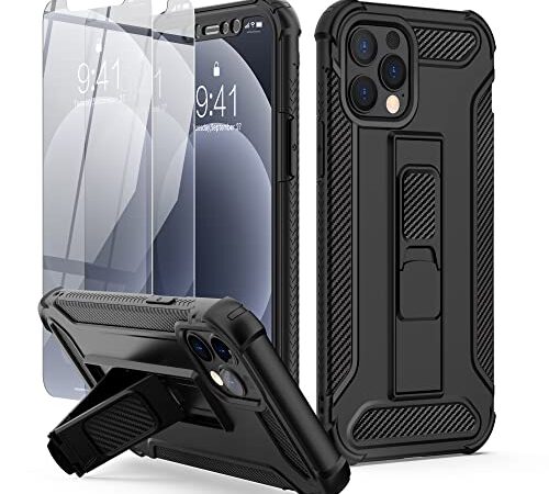 ORETECH para Funda iPhone 12, Funda iPhone 12 Pro, con [2 Piezas Protector de Pantalla][Soporte de Dos vías], 360 Grados Antigolpes Silicona PC para Carcasa Funda iPhone 12/12 Pro Case, Negro