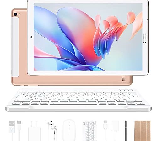 YESTEL Tablet 10 Pulgadas 4GB RAM + 64GB ROM, Android Google GMS, WiFi, Bluetooth, Batería 8000mAh, Dual Cámara 5+ 8MP, SD Slot 4-1TB, con Funda y Teclado y Ratón, Tablet Oro