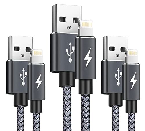 Cable Cargador iPhone, [3Pack 1M 1M 2M ] Cable Lightning Carga Rápida Trenzado de Nylon Cargador iPhone Compatible con Apple iPhone 12 11 Pro XS MAX XR X 8 Plus 7 Plus 6S 6 Plus 5 5S 5C SE - gris