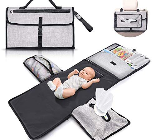 Cambiador bebé portátil e impermeable XL - Este cambiador de pañales es un bolso desmontable compuesto por 6 bolsillos junto un dispensador de toallitas y un cómodo cojín para la cabeza del bebé.